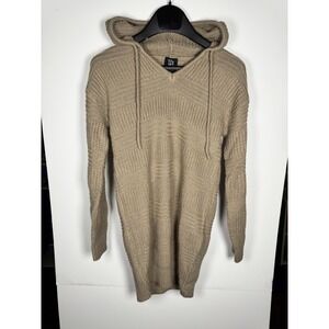 Derek Heart Sweater Dress Womens S Beige Tight Knit Ribbed Ribbed V Neck Hooded